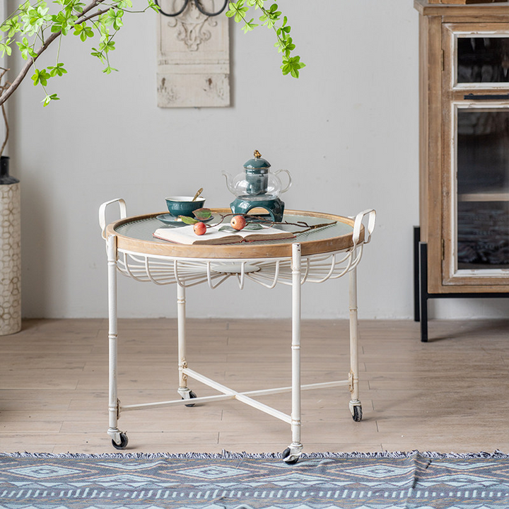 Modern Shabby Chic Pine Wood Tempered Glass Movable Practical Rolling Side Table 1-Tier For Living Room