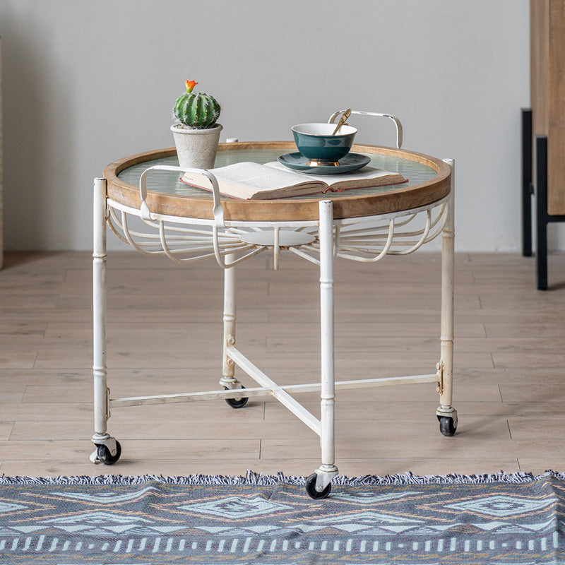 Modern Shabby Chic Pine Wood Tempered Glass Movable Practical Rolling Side Table 1-Tier For Living Room