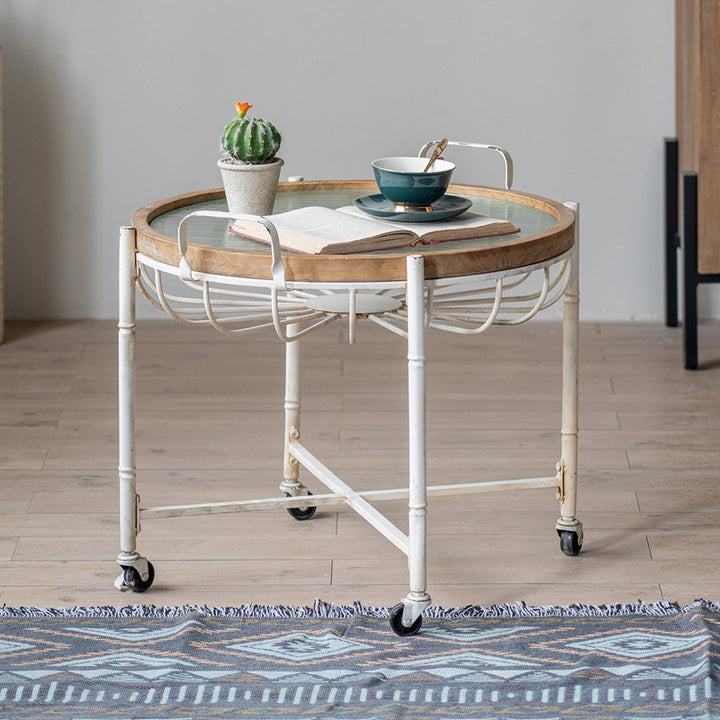 Modern Shabby Chic Pine Wood Tempered Glass Movable Practical Rolling Side Table 1-Tier For Living Room
