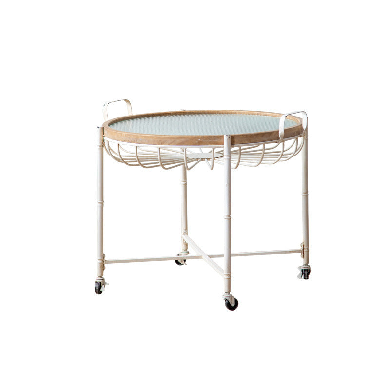 Modern Shabby Chic Pine Wood Tempered Glass Movable Practical Rolling Side Table 1-Tier For Living Room
