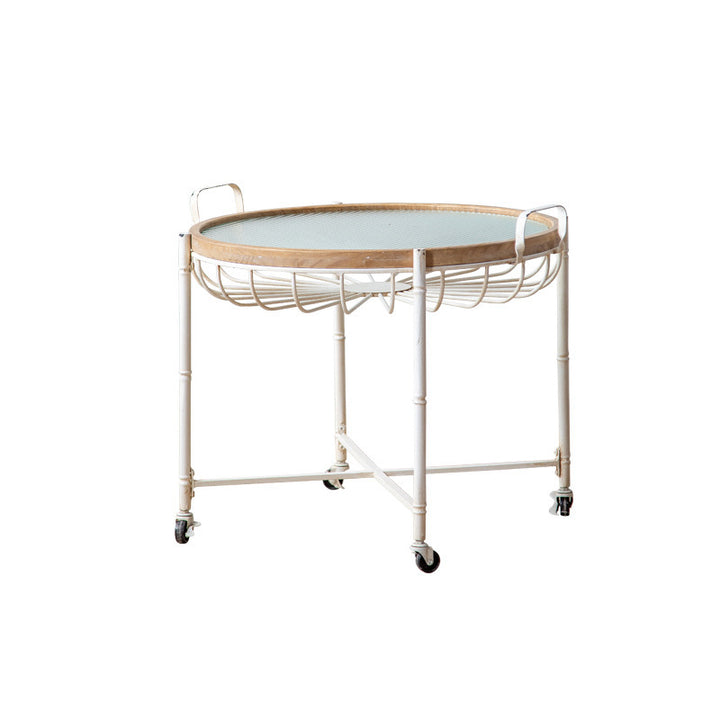 Modern Shabby Chic Pine Wood Tempered Glass Movable Practical Rolling Side Table 1-Tier For Living Room