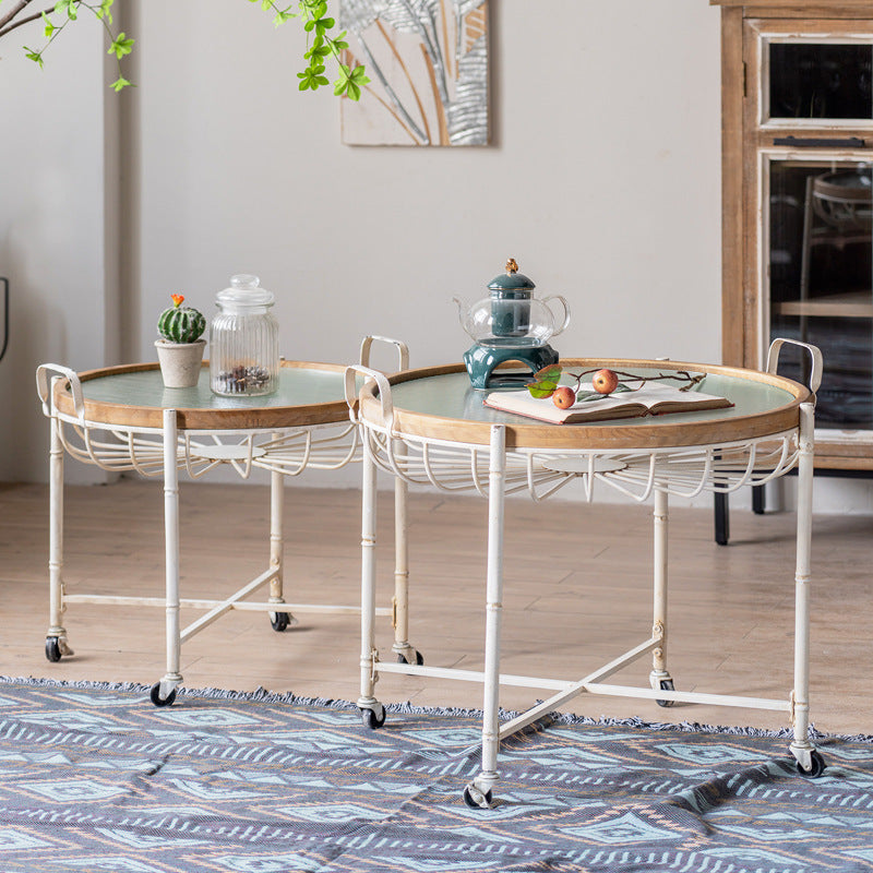 Modern Shabby Chic Pine Wood Tempered Glass Movable Practical Rolling Side Table 1-Tier For Living Room