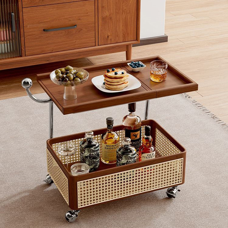 Traditional Vintage Pine Wood Faux Rattan Weaving Multi-Angle Rolling Space-Saving Side Table 2-Tier For Living Room