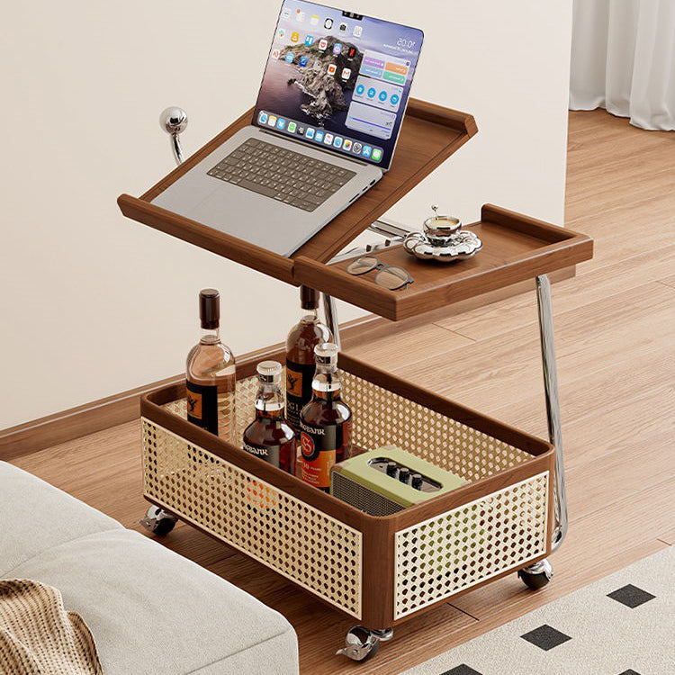 Traditional Vintage Pine Wood Faux Rattan Weaving Multi-Angle Rolling Space-Saving Side Table 2-Tier For Living Room