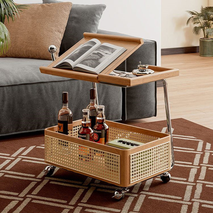 Traditional Vintage Pine Wood Faux Rattan Weaving Multi-Angle Rolling Space-Saving Side Table 2-Tier For Living Room