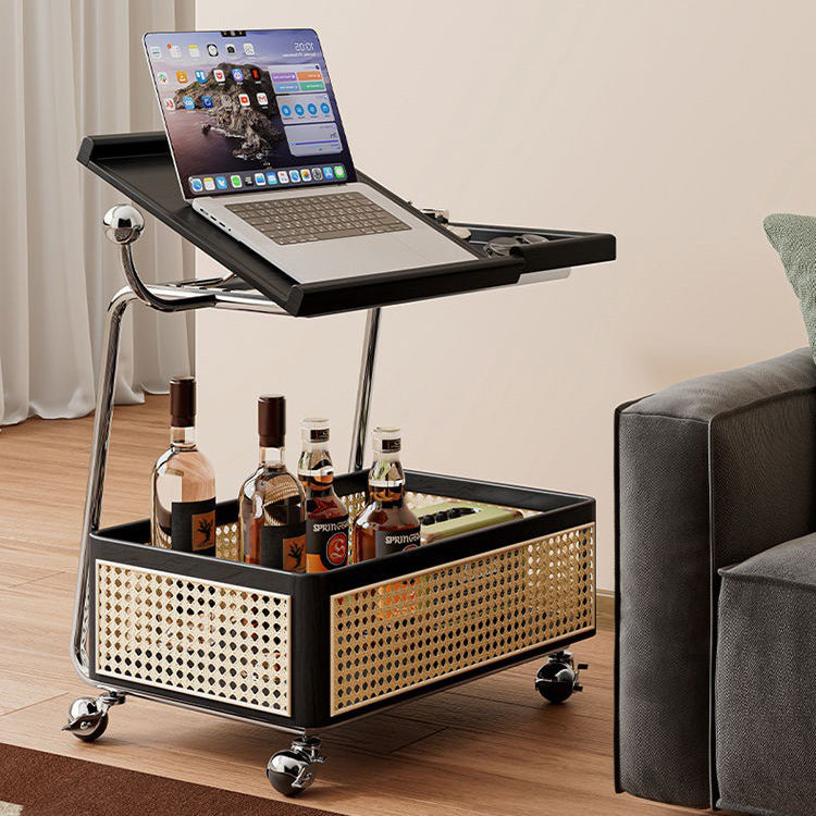Traditional Vintage Pine Wood Faux Rattan Weaving Multi-Angle Rolling Space-Saving Side Table 2-Tier For Living Room