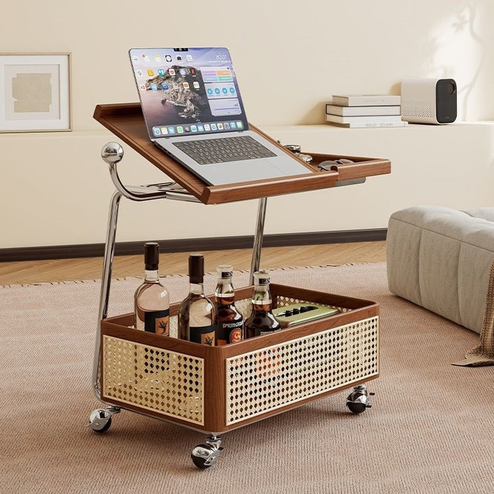 Traditional Vintage Pine Wood Faux Rattan Weaving Multi-Angle Rolling Space-Saving Side Table 2-Tier For Living Room