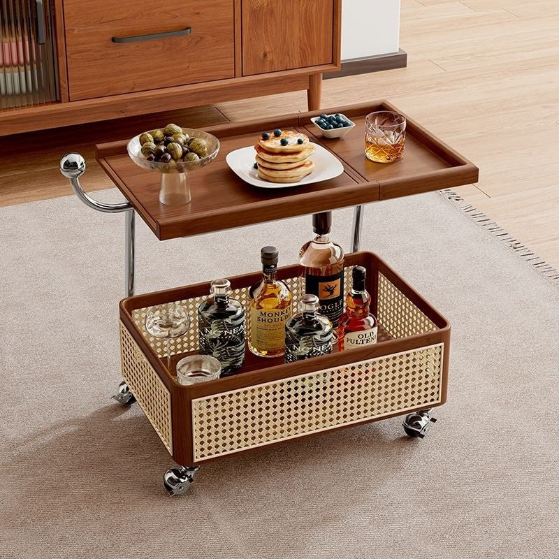 Traditional Vintage Pine Wood Faux Rattan Weaving Multi-Angle Rolling Space-Saving Side Table 2-Tier For Living Room