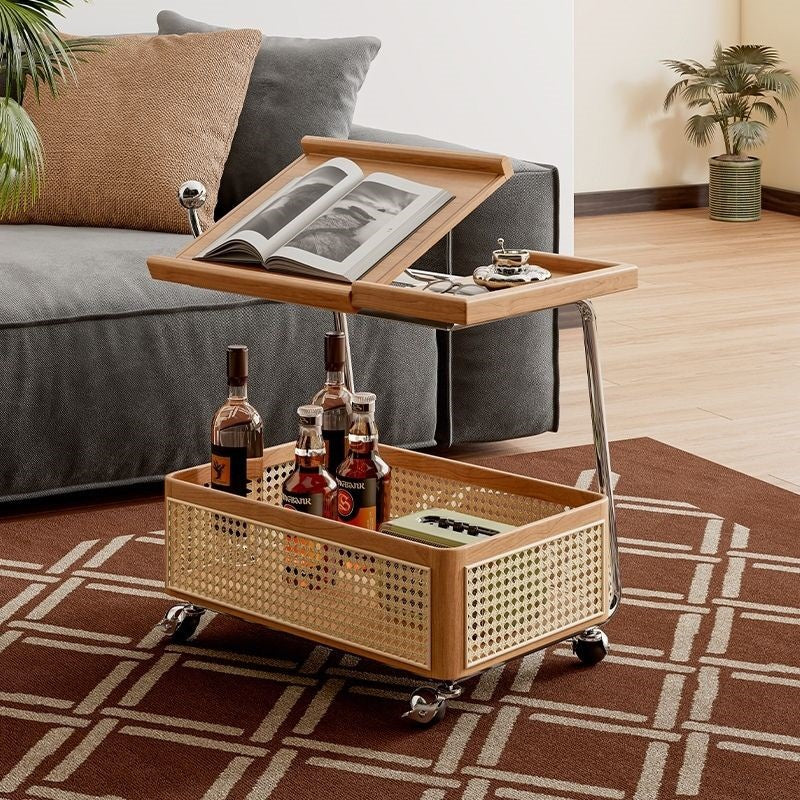 Traditional Vintage Pine Wood Faux Rattan Weaving Multi-Angle Rolling Space-Saving Side Table 2-Tier For Living Room