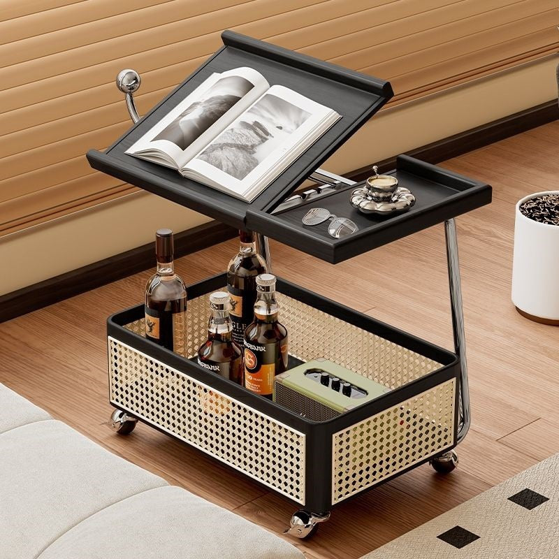 Traditional Vintage Pine Wood Faux Rattan Weaving Multi-Angle Rolling Space-Saving Side Table 2-Tier For Living Room
