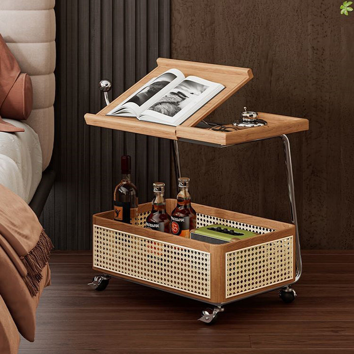 Traditional Vintage Pine Wood Faux Rattan Weaving Multi-Angle Rolling Space-Saving Side Table 2-Tier For Living Room