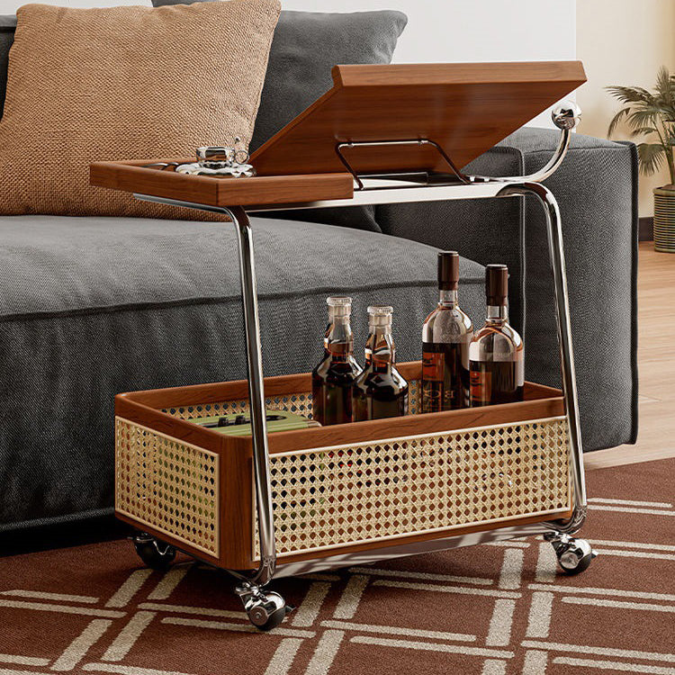 Traditional Vintage Pine Wood Faux Rattan Weaving Multi-Angle Rolling Space-Saving Side Table 2-Tier For Living Room