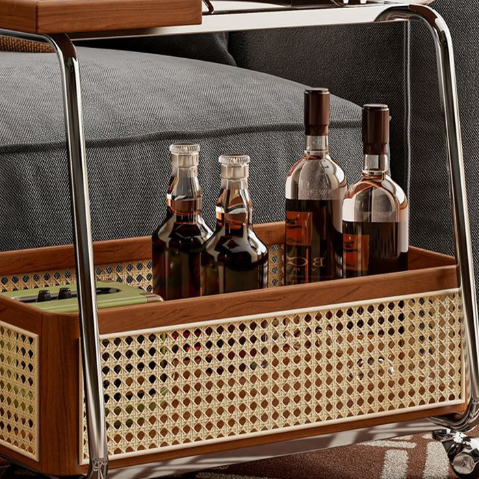Traditional Vintage Pine Wood Faux Rattan Weaving Multi-Angle Rolling Space-Saving Side Table 2-Tier For Living Room