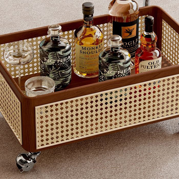 Traditional Vintage Pine Wood Faux Rattan Weaving Multi-Angle Rolling Space-Saving Side Table 2-Tier For Living Room