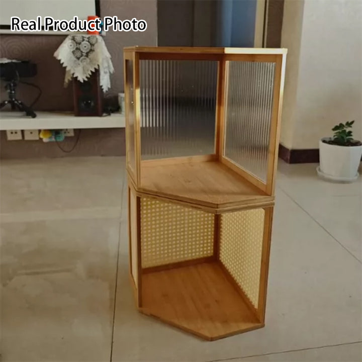Modern Minimalist Bamboo Acrylic Faux Rattan Stackable Polygon Corner Storage Cabinet 2-Tier For Bedroom
