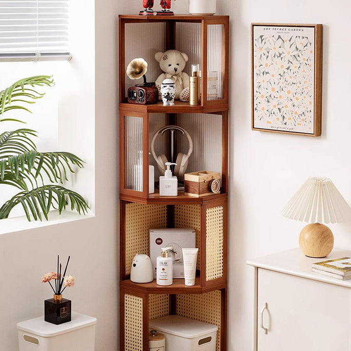 Modern Minimalist Bamboo Acrylic Faux Rattan Stackable Polygon Corner Storage Cabinet 2-Tier For Bedroom