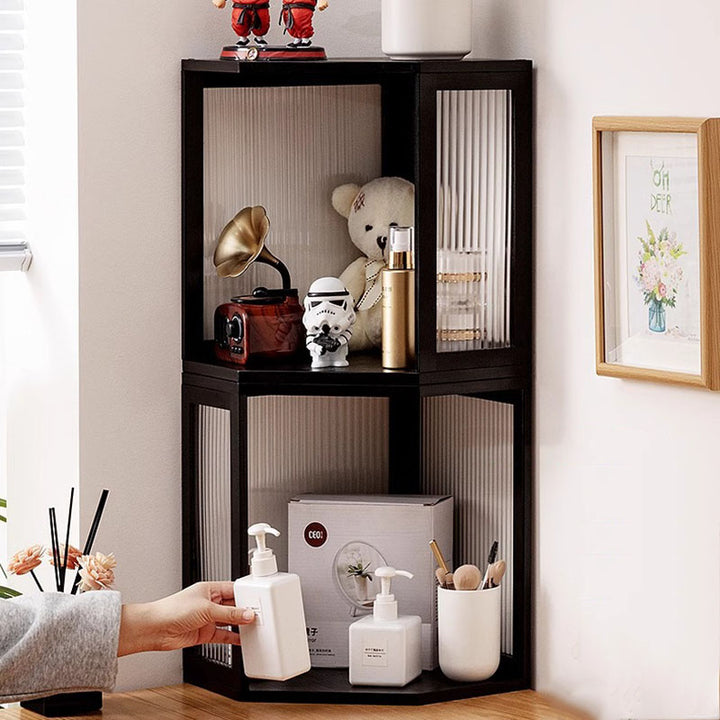 Modern Minimalist Bamboo Acrylic Faux Rattan Stackable Polygon Corner Storage Cabinet 2-Tier For Bedroom