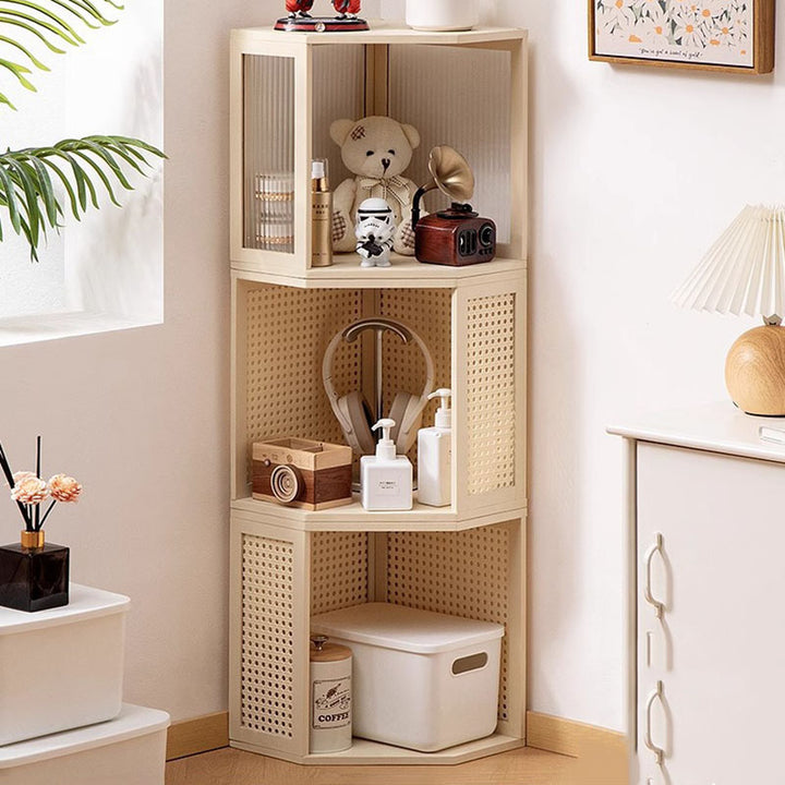 Modern Minimalist Bamboo Acrylic Faux Rattan Stackable Polygon Corner Storage Cabinet 2-Tier For Bedroom