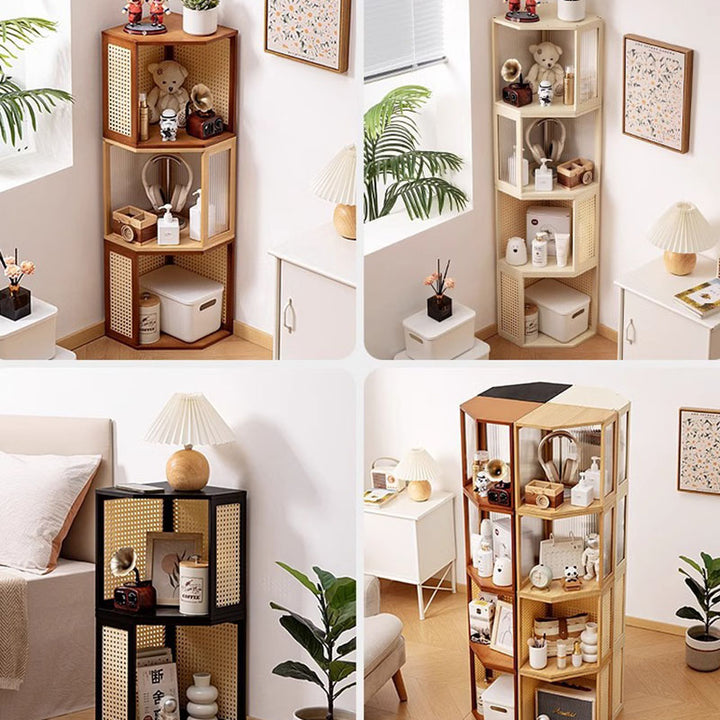 Modern Minimalist Bamboo Acrylic Faux Rattan Stackable Polygon Corner Storage Cabinet 2-Tier For Bedroom