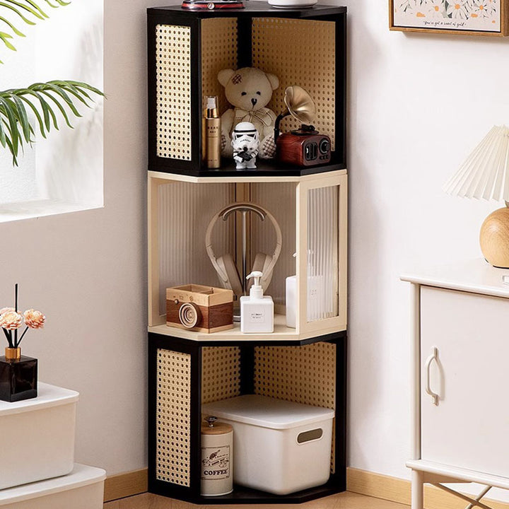 Modern Minimalist Bamboo Acrylic Faux Rattan Stackable Polygon Corner Storage Cabinet 2-Tier For Bedroom