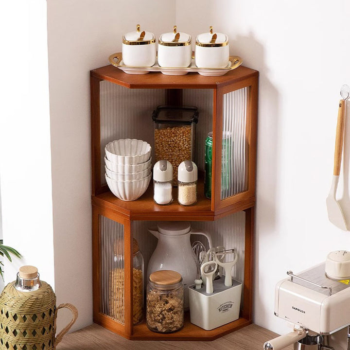 Modern Minimalist Bamboo Acrylic Faux Rattan Stackable Polygon Corner Storage Cabinet 2-Tier For Bedroom