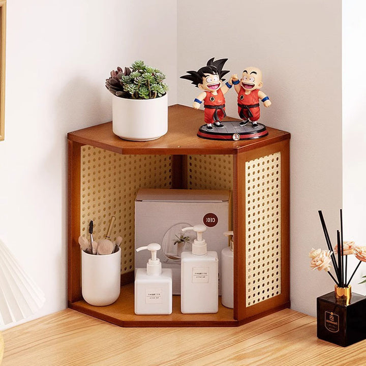 Modern Minimalist Bamboo Acrylic Faux Rattan Stackable Polygon Corner Storage Cabinet 2-Tier For Bedroom