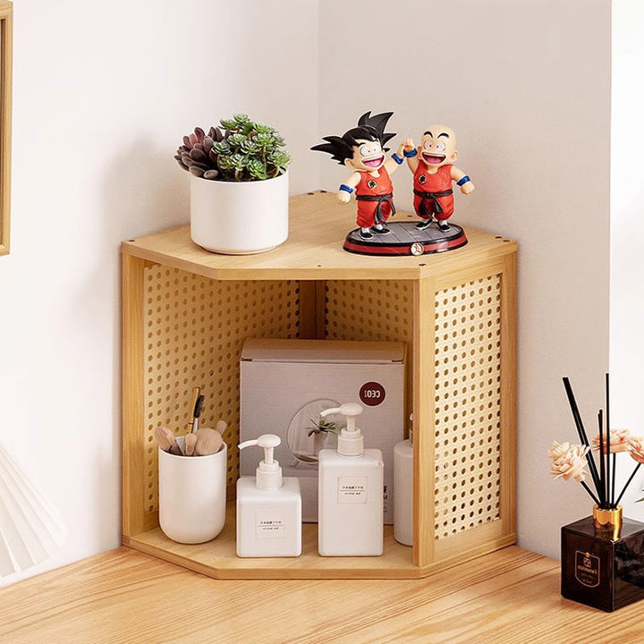 Modern Minimalist Bamboo Acrylic Faux Rattan Stackable Polygon Corner Storage Cabinet 2-Tier For Bedroom