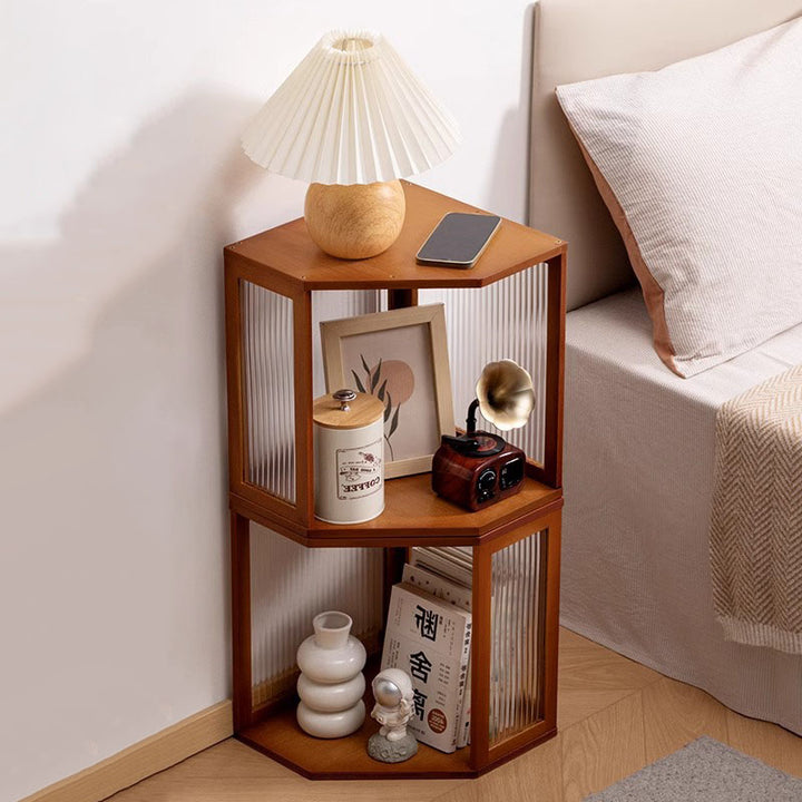 Modern Minimalist Bamboo Acrylic Faux Rattan Stackable Polygon Corner Storage Cabinet 2-Tier For Bedroom