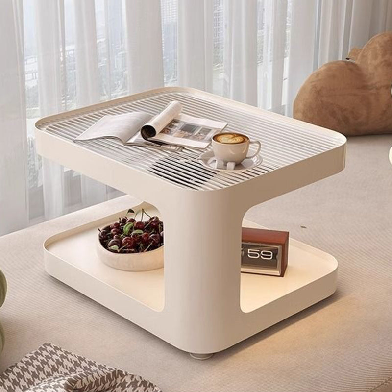 Modern Minimalist Carbon Steel Glass Space-Saving Low Coffee Table 2-Tier For Living Room &amp; Bedroom