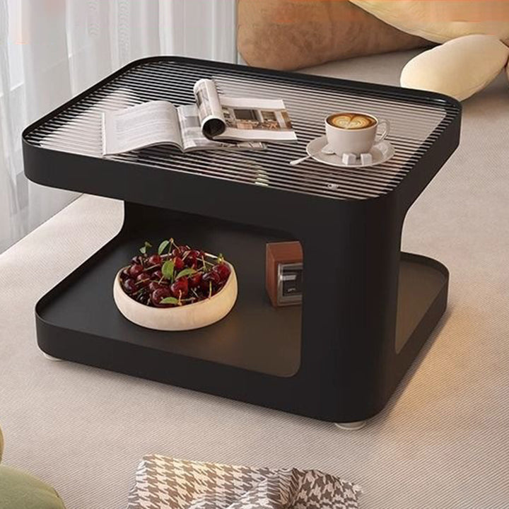 Modern Minimalist Carbon Steel Glass Space-Saving Low Coffee Table 2-Tier For Living Room &amp; Bedroom