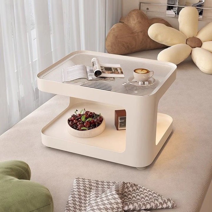 Modern Minimalist Carbon Steel Glass Space-Saving Low Coffee Table 2-Tier For Living Room &amp; Bedroom