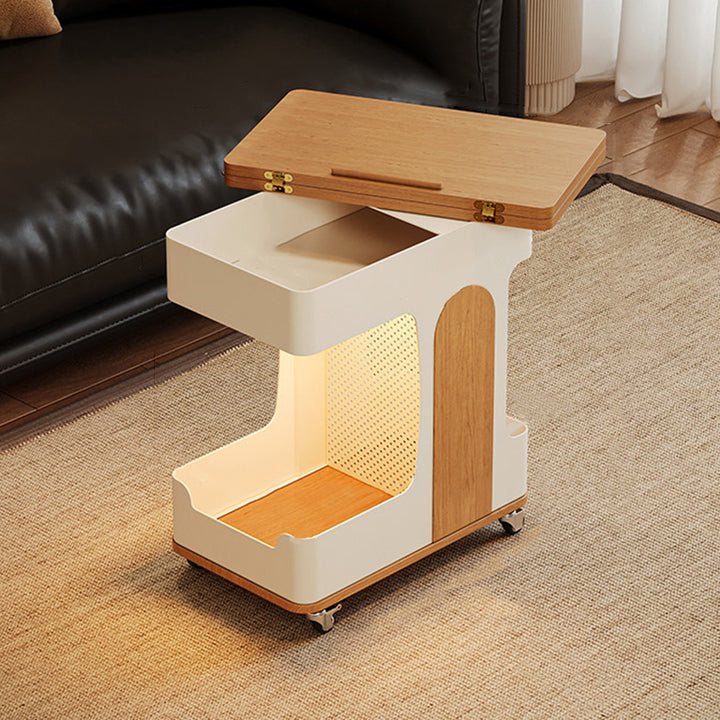 Modern Minimalist Plywood Iron Movable Extendable Rectangular USB Rechargeable Wide Light End Table 2-Tier For Living Room