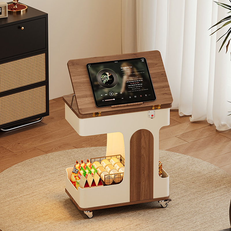 Modern Minimalist Plywood Iron Movable Extendable Rectangular USB Rechargeable Wide Light End Table 2-Tier For Living Room