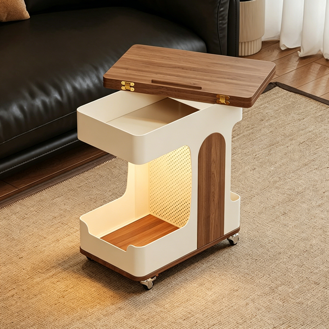Modern Minimalist Plywood Iron Movable Extendable Rectangular USB Rechargeable Wide Light End Table 2-Tier For Living Room