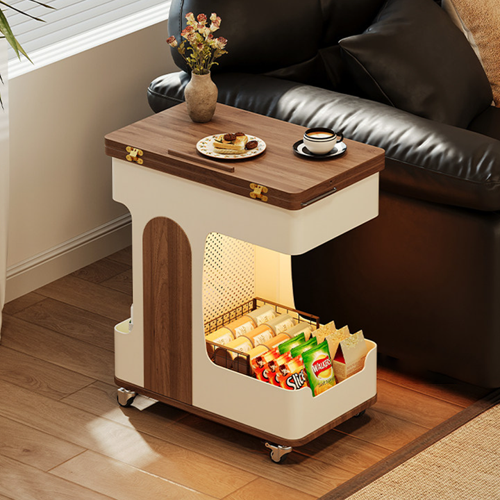 Modern Minimalist Plywood Iron Movable Extendable Rectangular USB Rechargeable Wide Light End Table 2-Tier For Living Room