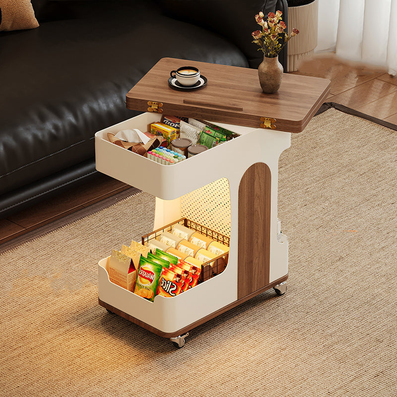 Modern Minimalist Plywood Iron Movable Extendable Rectangular USB Rechargeable Wide Light End Table 2-Tier For Living Room