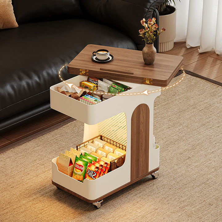 Modern Minimalist Plywood Iron Movable Extendable Rectangular USB Rechargeable Wide Light End Table 2-Tier For Living Room