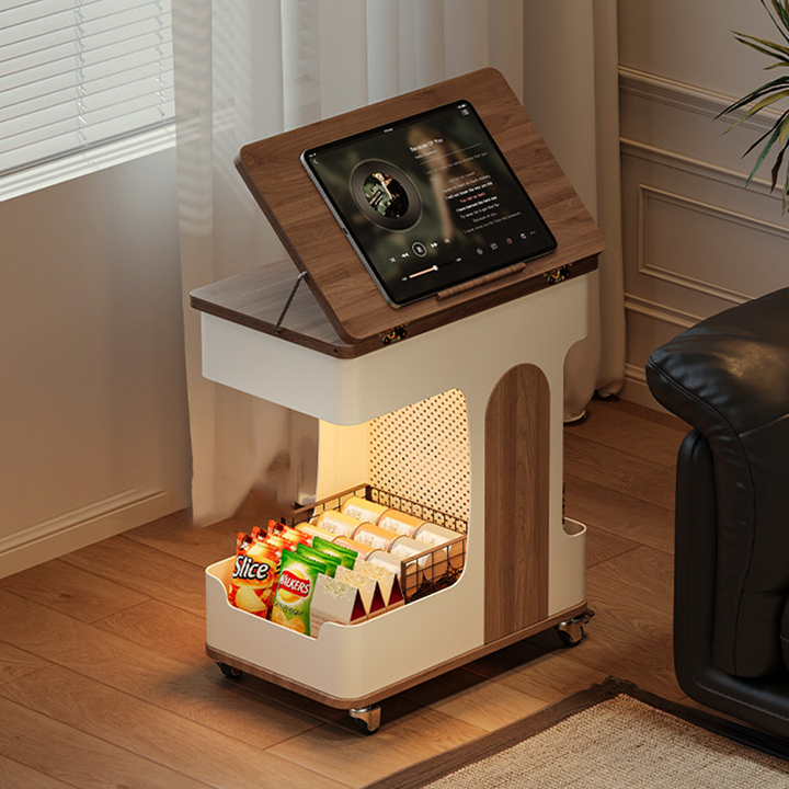 Modern Minimalist Plywood Iron Movable Extendable Rectangular USB Rechargeable Wide Light End Table 2-Tier For Living Room