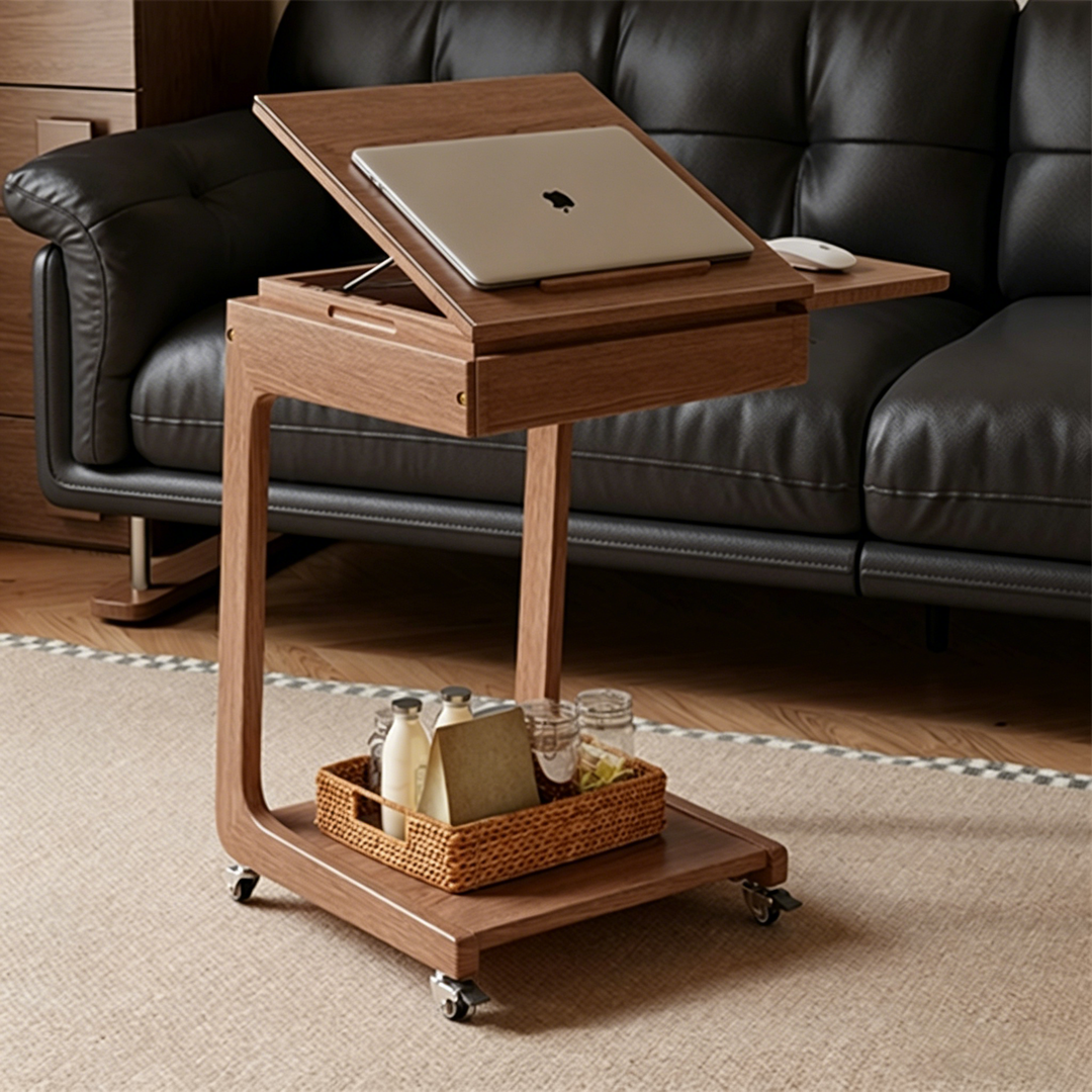 Modern Minimalist Rubberwood Iron Movable Rectangular End Table 2-Tier For Living Room &amp; Bedroom