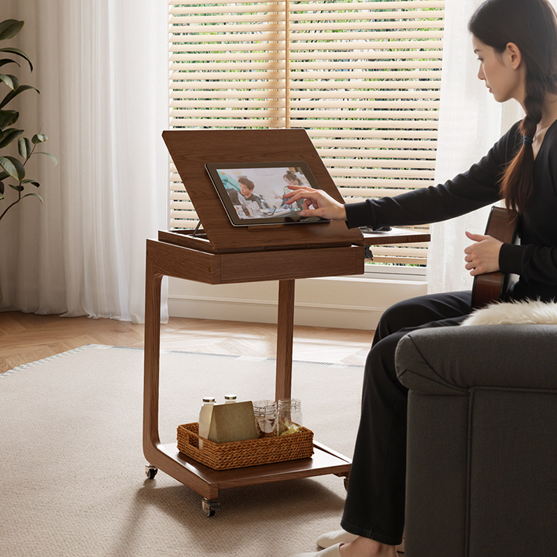 Modern Minimalist Rubberwood Iron Movable Rectangular End Table 2-Tier For Living Room &amp; Bedroom