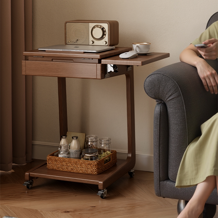 Modern Minimalist Rubberwood Iron Movable Rectangular End Table 2-Tier For Living Room &amp; Bedroom