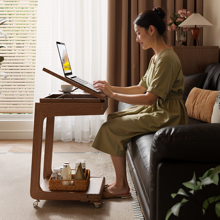 Modern Minimalist Rubberwood Iron Movable Rectangular End Table 2-Tier For Living Room &amp; Bedroom