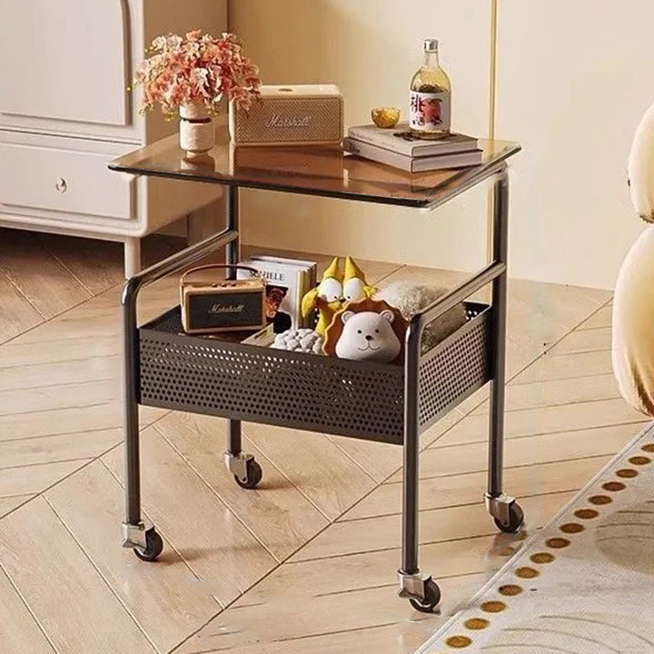 Modern Minimalist Glass Iron Space-Saving Movable Rectangular Rolling Side Table 2/3 Tier Side Table For Living Room
