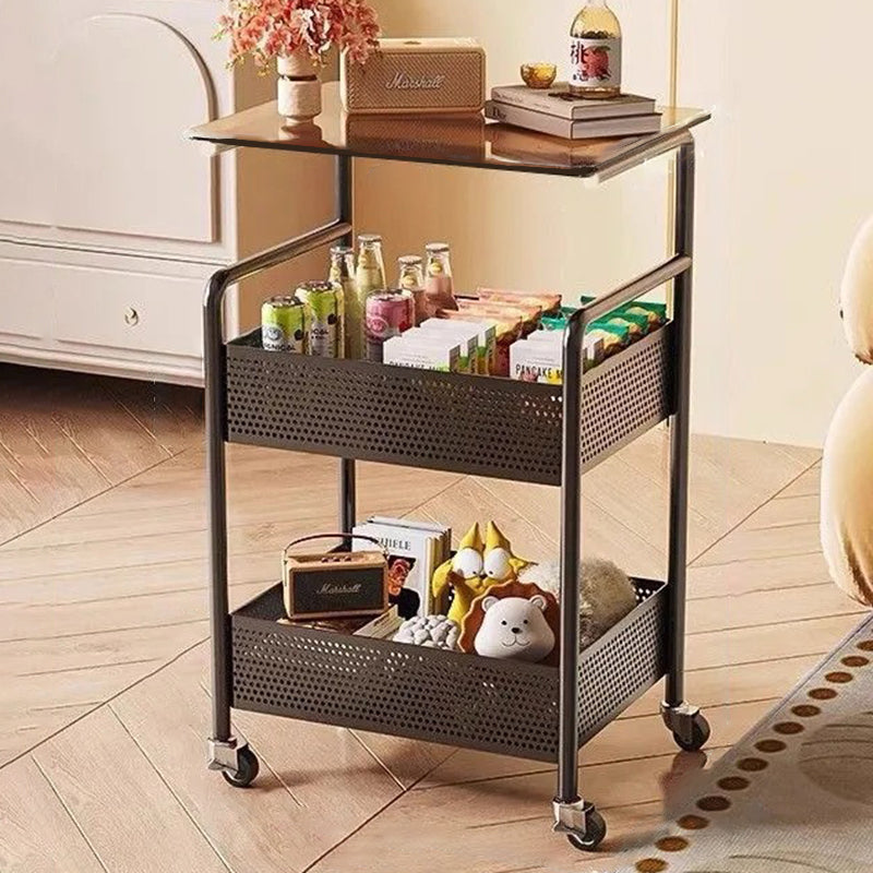 Modern Minimalist Glass Iron Space-Saving Movable Rectangular Rolling Side Table 2/3 Tier Side Table For Living Room