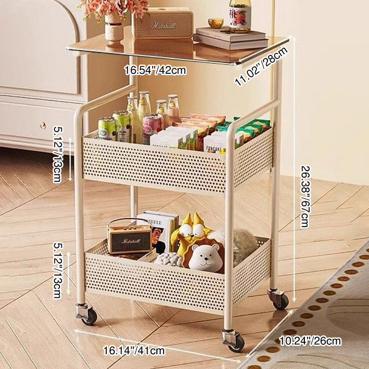 Modern Minimalist Glass Iron Space-Saving Movable Rectangular Rolling Side Table 2/3 Tier Side Table For Living Room
