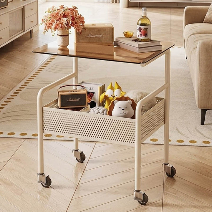 Modern Minimalist Glass Iron Space-Saving Movable Rectangular Rolling Side Table 2/3 Tier Side Table For Living Room