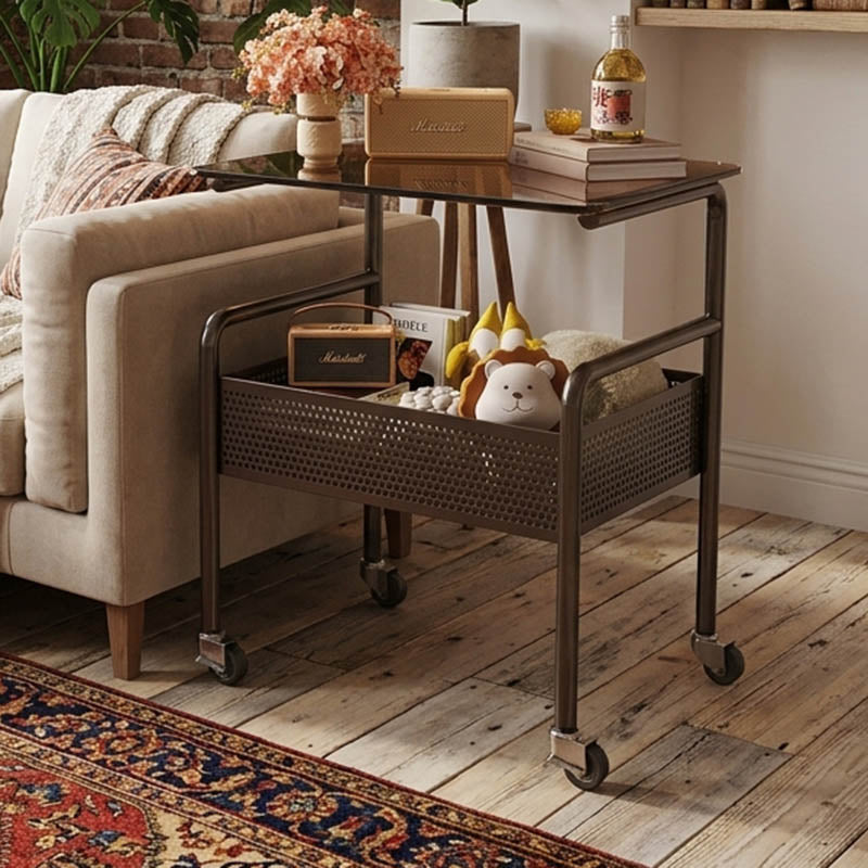 Modern Minimalist Glass Iron Space-Saving Movable Rectangular Rolling Side Table 2/3 Tier Side Table For Living Room