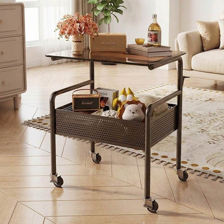 Modern Minimalist Glass Iron Space-Saving Movable Rectangular Rolling Side Table 2/3 Tier Side Table For Living Room