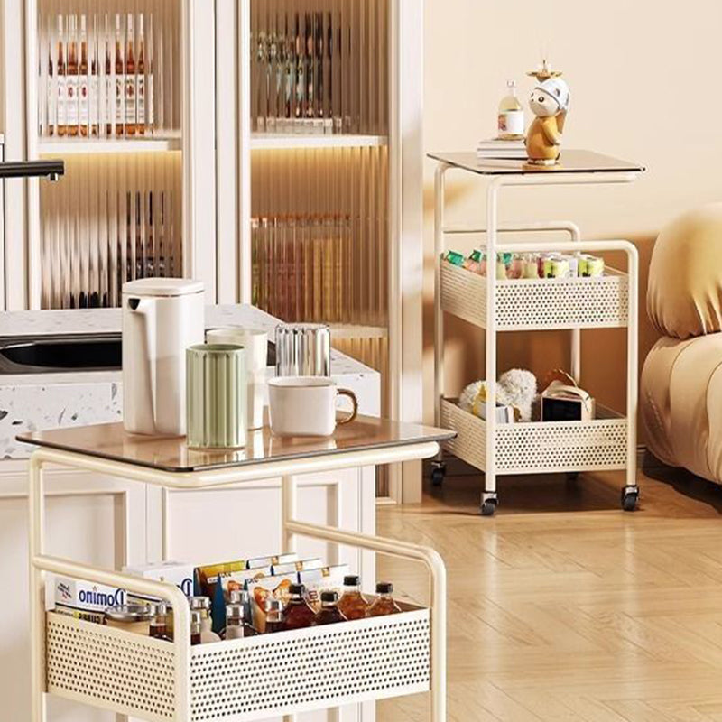 Modern Minimalist Glass Iron Space-Saving Movable Rectangular Rolling Side Table 2/3 Tier Side Table For Living Room
