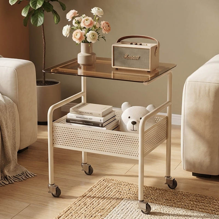 Modern Minimalist Glass Iron Space-Saving Movable Rectangular Rolling Side Table 2/3 Tier Side Table For Living Room